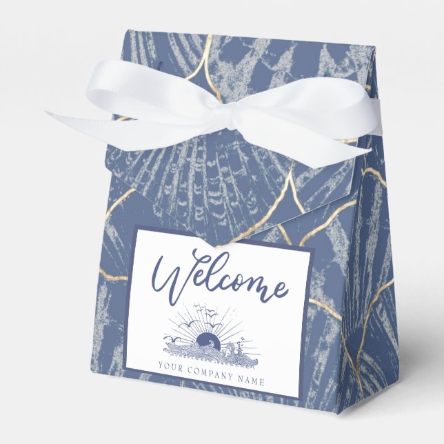 Deep Blue & Gold Watercolor Seashell Ribboned Geschenkschachtel (Vorderseite)