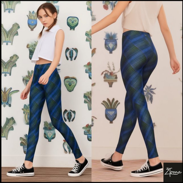 Deep Blue Green Diagonal Textured Plaid Leggings (Von Creator hochgeladen)