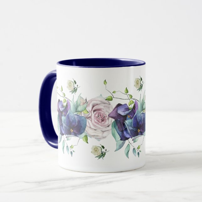 Deep Blue Hydrangea und Rose Tasse (Vorderseite Links)