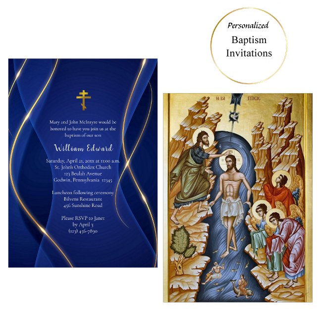 Deep Blue Metallic Gold Orthodox Christian Baptism Einladung (Von Creator hochgeladen)