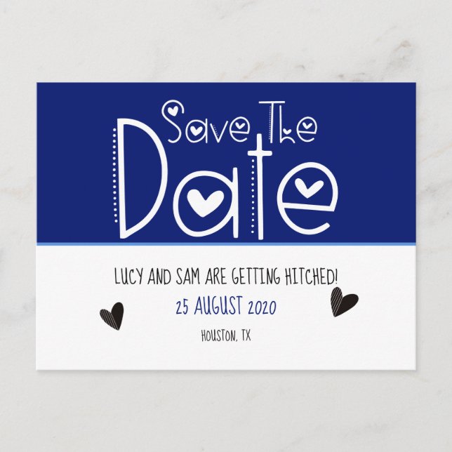 Deep Blue Modern Typografy Save the Date Wedding Ankündigungspostkarte (Vorderseite)
