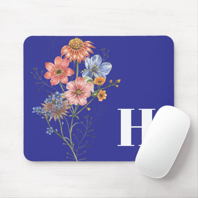 Deep Blue Monogram Simple Floral Mousepad (Mit Mouse)