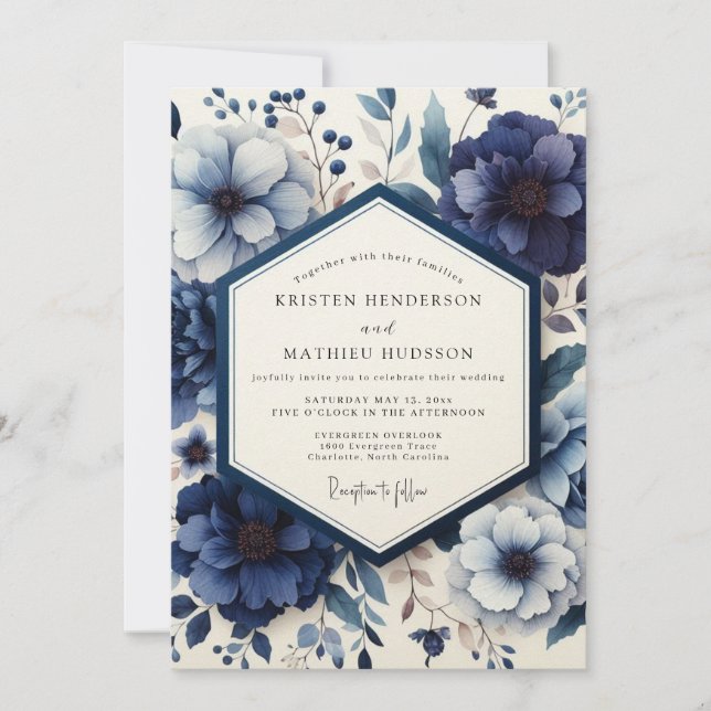Deep Blue Moody Bloom Hochzeit Einladung (Vorderseite)