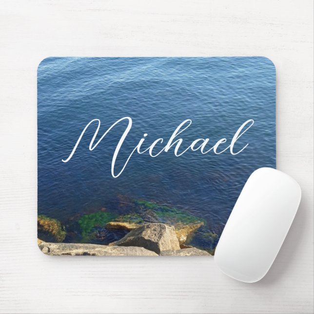 Deep Blue Ocean Foto Individuelle Name Flowy Lette Mousepad (Mit Mouse)