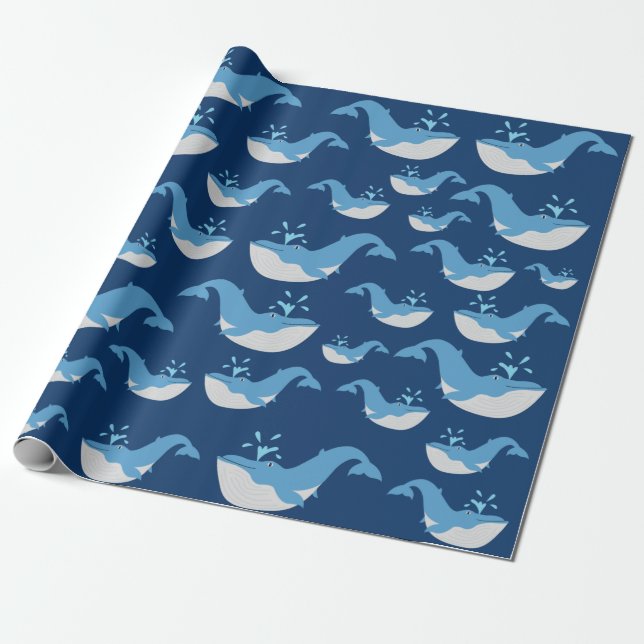 Deep Blue Ocean Whale Muster Geschenkpapier (Ungerollt)