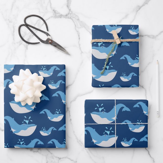 Deep Blue Ocean Whale Muster Geschenkpapier Set (Vorderseite)