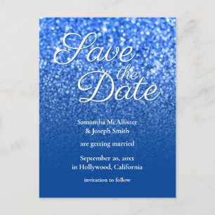 Deep Blue Ombre Bokeh Glitzer Save the Date Postkarte
