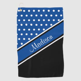 Deep Blue Polka Dot Black Diagonal Script Name Golfhandtuch
