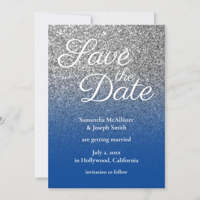 Deep Blue Silver Ombre Glitzer Save the Date Einladung (Vorderseite)