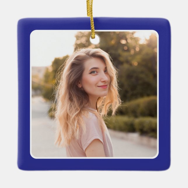 Deep Blue Square Foto Double Border Graduate Keramikornament (Vorderseite)