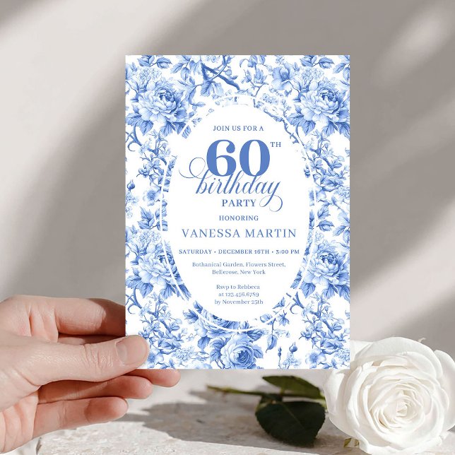 Deep Blue Toile Roses 60th Birthday Invitation   Einladung (Deep Blue Toile Roses 60th Birthday Invitation File

)