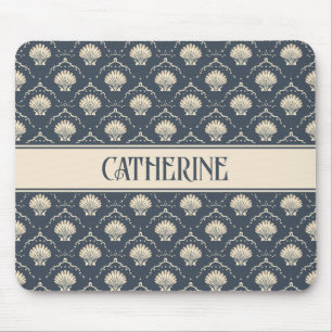 Deep Blue und Cream Seashell Muster Personalisiert Mousepad