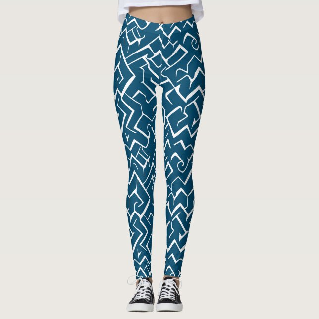 Deep Blue und White Meander Muster | Modernes Maze Leggings (Vorderseite)