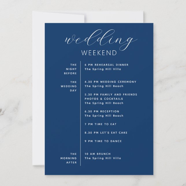Deep Blue Weekend Timeline | Nautical Navy Wedding Einladung (Rückseite)