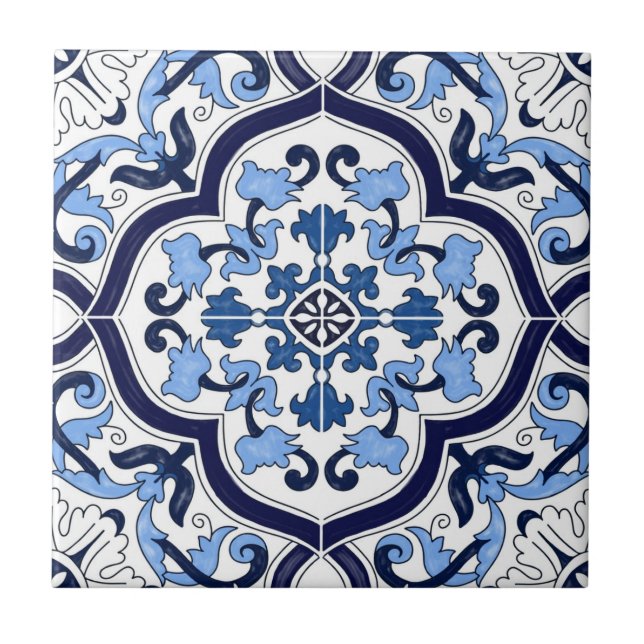 Deep Blue White Floral Sicilian Majolica Mosaik Fliese (Vorderseite)