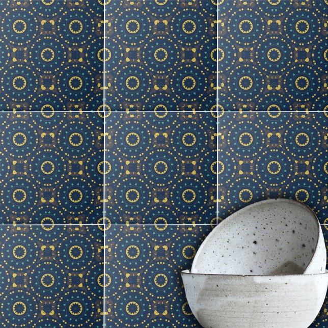 Deep Blue Yellow Mosaik Ethnic Boho Chic Muster Fliese (Von Creator hochgeladen)