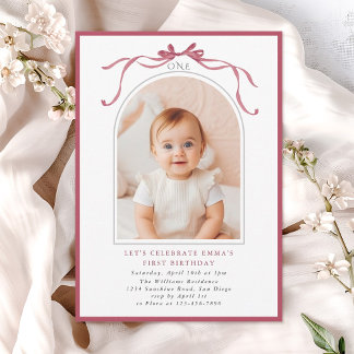 Deep Blush Pink Bow Girl 1st Birthday Arch Photo Einladung