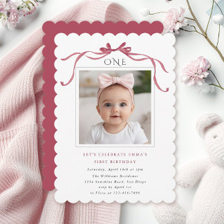 Deep Blush Pink Bow Girl 1st Birthday Party Einladung