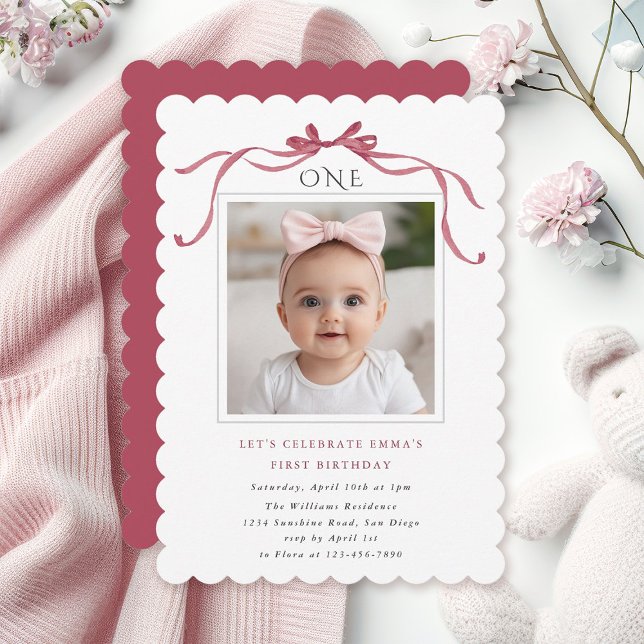 Deep Blush Pink Bow Girl 1st Birthday Party Einladung (Von Creator hochgeladen)