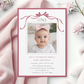 Deep Blush Pink Bow Girl 1st Birthday Party Photo Einladung