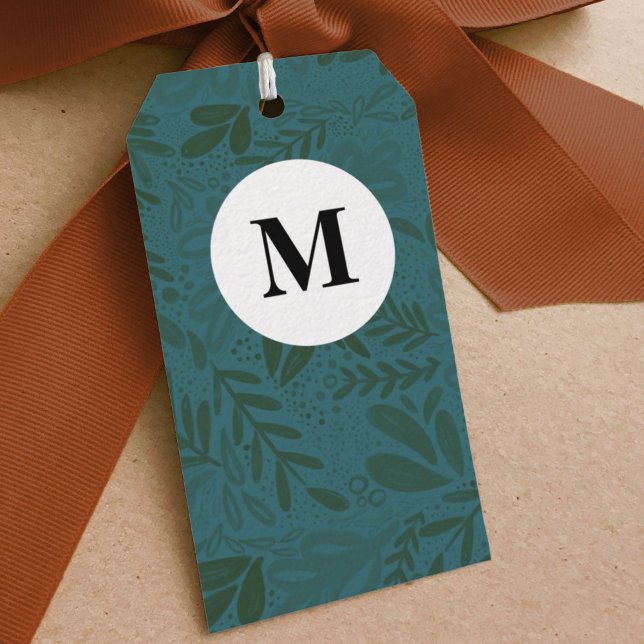 Deep Bramble | Festive Botanische Monogramm Geschenkanhänger (Watercolor botanical deep blue green bramble holiday gift tag.)
