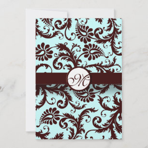 Deep Brown Damask Aqua Blue Wedding Einladung