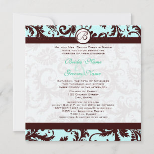 Deep Brown Damask Aqua Blue Wedding Einladung