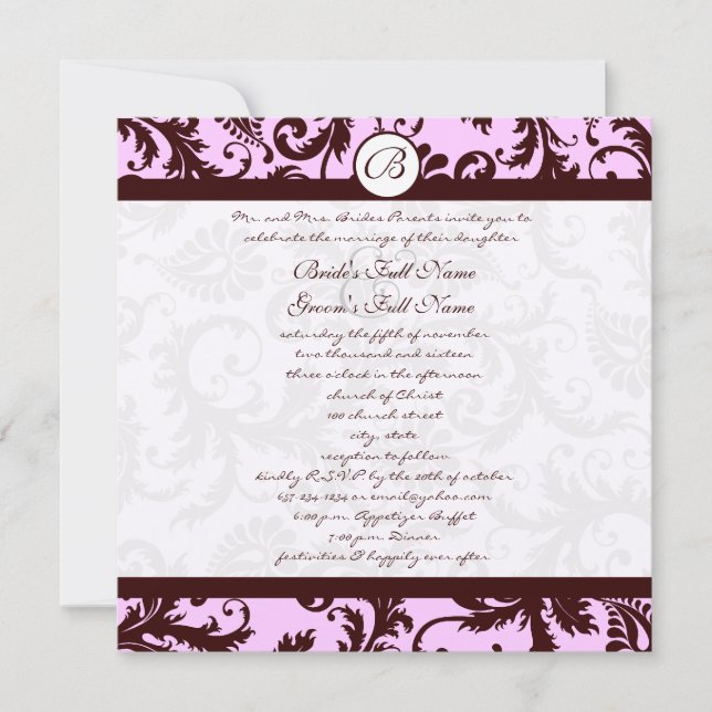 Deep Brown Pink Damask Einladung zur Hochzeit (Vorderseite)