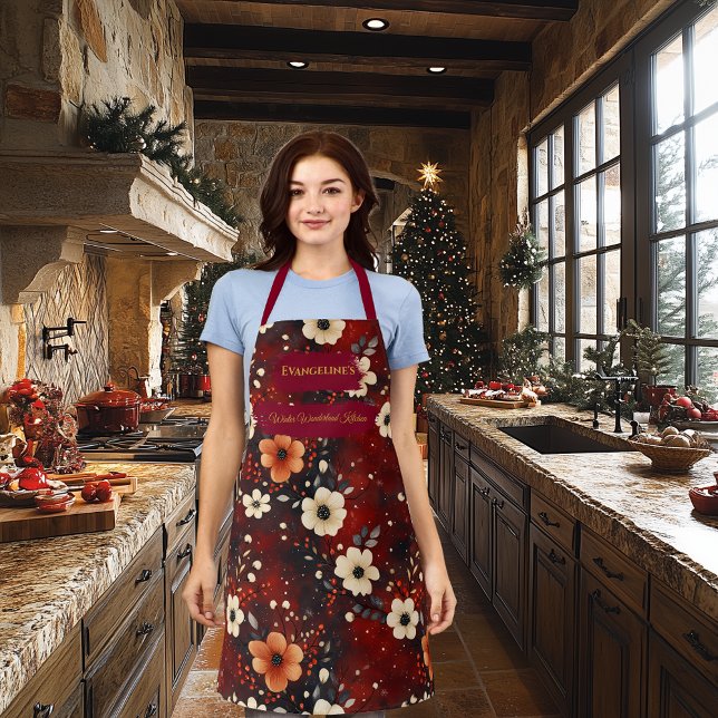 Deep Burgund Weihnachts-Schürze mit Cream-Blume Schürze (Von Creator hochgeladen)