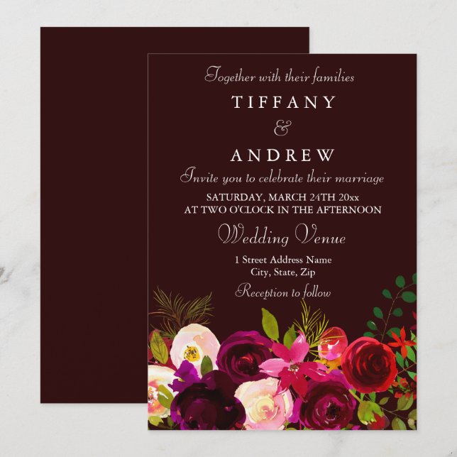 Deep Burgundy Blume Elegante Einladung zur Hochzei (Vorne/Hinten)