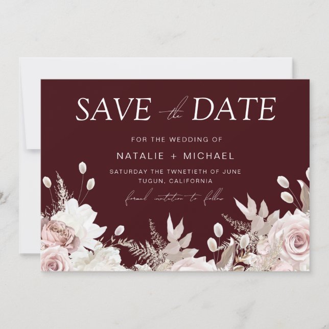 Deep Burgundy Blush Boho Floral Wedding Save The Date (Vorderseite)