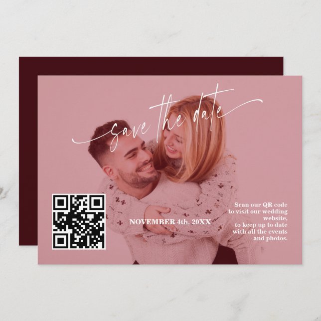 Deep Burgundy Calligraphy QR Code Photo Wedding   Save The Date (Vorne/Hinten)