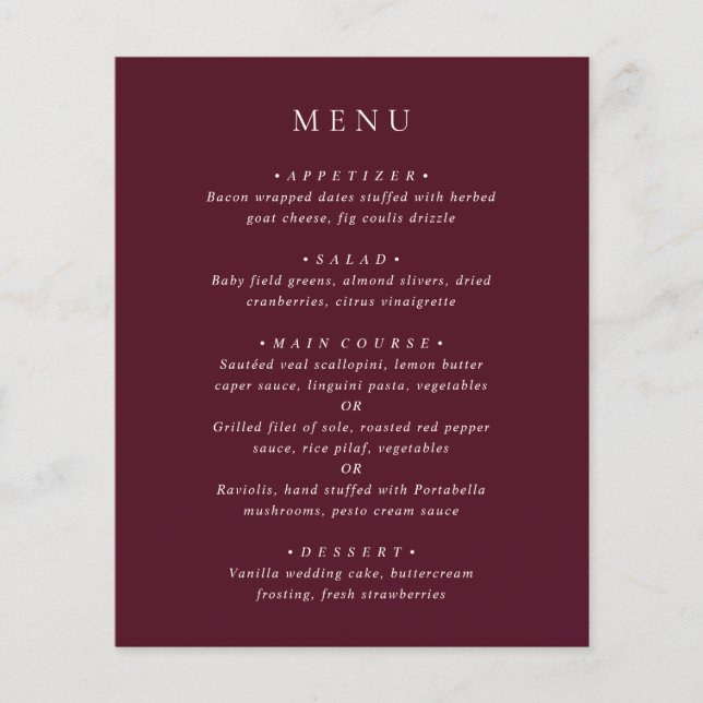 Deep Burgundy Elegant Classic Budget Wedding Menu Flyer (Vorne)