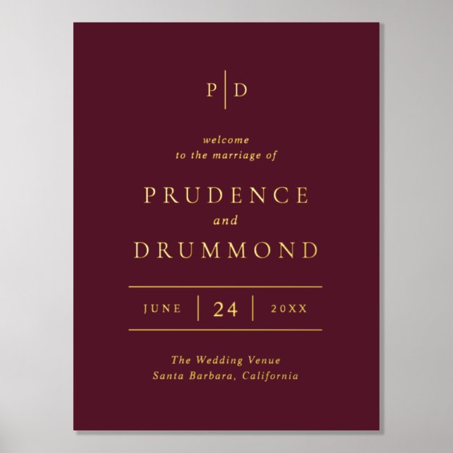 Deep Burgundy Elegant Classic Wedding Foil Sign Foliendrucke (Vorderseite)