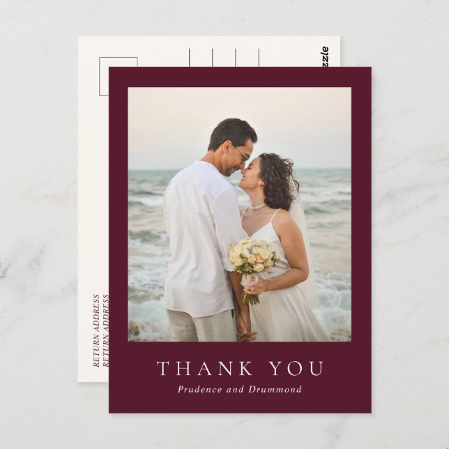 Deep Burgundy Elegant Classic Wedding Thank You Postkarte (Vorne/Hinten)