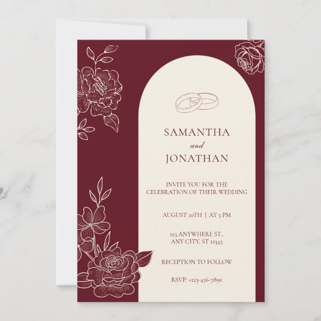 Deep Burgundy Floral Arch Photo Back Wedding Einladung (Vorderseite)