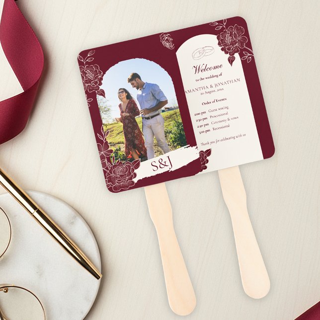 Deep Burgundy Floral Arch Wedding Ceremony Fan Fächer (Deep Burgundy Floral Line Art with Ivory Arch with Photo Wedding Fan Program Details)