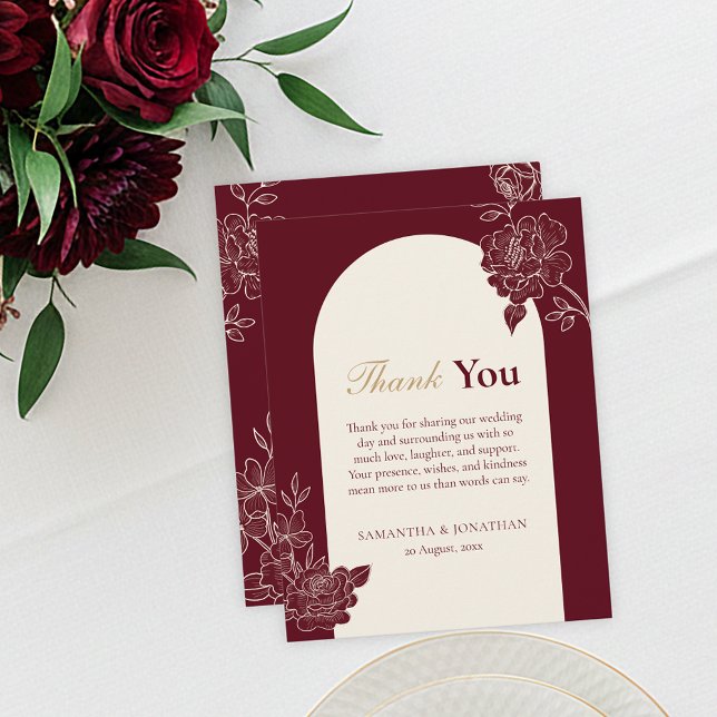 Deep Burgundy Floral Arch Wedding Thank You Card Dankeskarte (Deep Burgundy Floral Line Art with Ivory Arch Wedding Thank you Card)