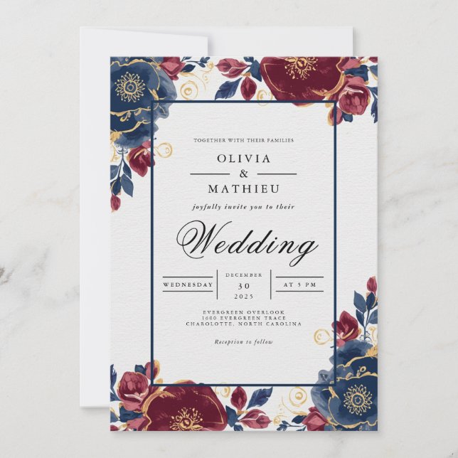 Deep Burgundy Floral Frame Wedding Einladung (Vorderseite)