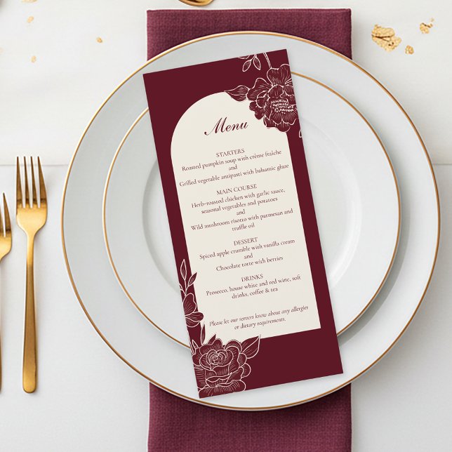 Deep Burgundy Floral Ivory Arch Wedding Menükarte (Deep Burgundy Floral Line Art with Ivory Arch Wedding Menu)