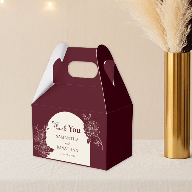 Deep Burgundy Floral Ivory Arch Wedding Thank You Geschenkschachtel (Deep Burgundy Floral Line Art with Ivory Arch Wedding Favor Box)