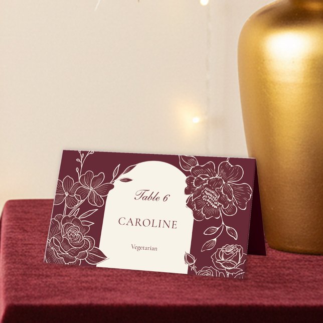 Deep Burgundy Floral Meal Choice Wedding Table Platzkarte (Deep Burgundy Floral Line Art with Ivory Arch Wedding Table Place Card with Meal Choice)