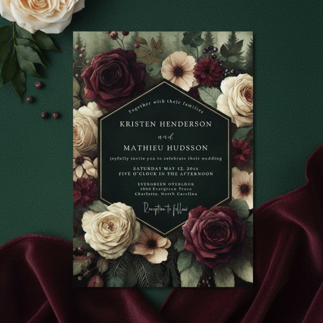 Deep Burgundy Floral Romance Wedding Einladung (Von Creator hochgeladen)