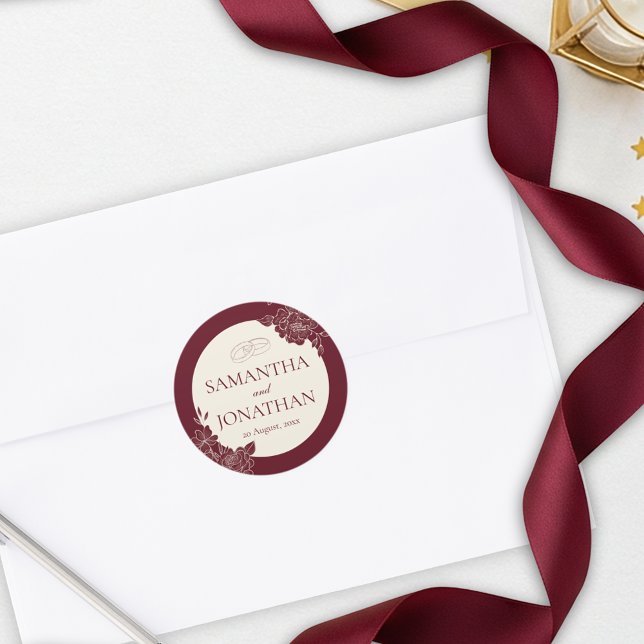Deep Burgundy Floral Wedding Envelope Seal Runder Aufkleber (Deep Burgundy Floral Line Art with Ivory Circle Envelope Seal Wedding Sticker)
