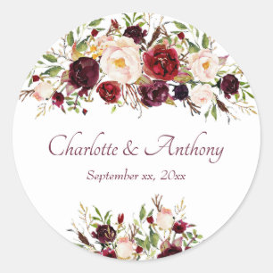 Deep Burgundy Floral Wedding Runder Aufkleber
