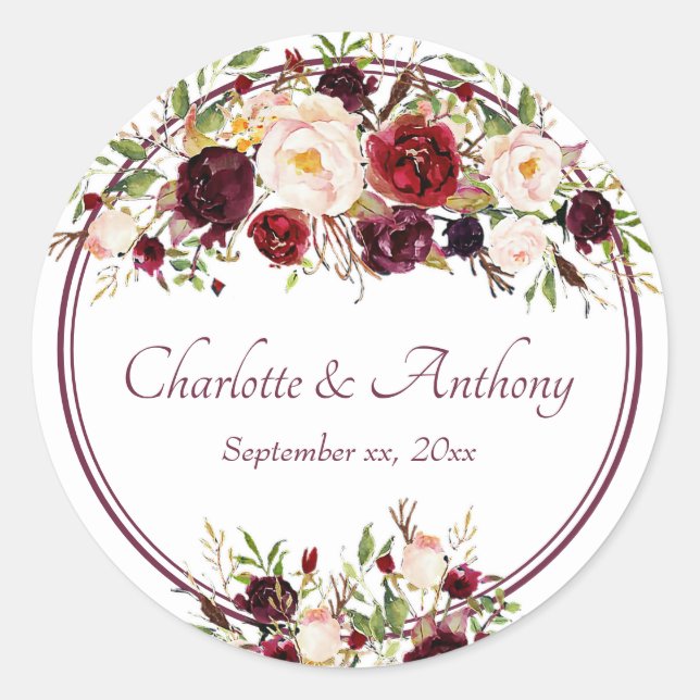 Deep Burgundy Floral Wedding Runder Aufkleber (Vorderseite)