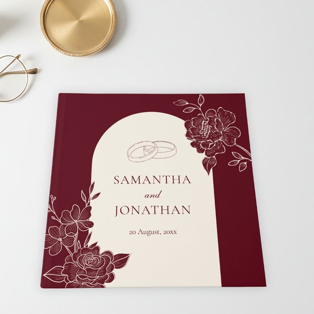 Deep Burgundy Floral with Ivory Arch Wedding Gästebuch (Deep Burgundy Floral Line Art with Ivory Arch Wedding Guest Book)