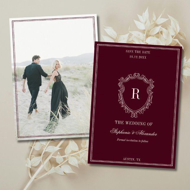 Deep Burgundy Ivory Crest Old Money Photo Wedding Save The Date (Von Creator hochgeladen)