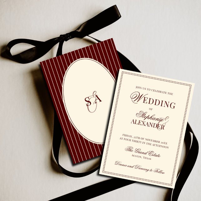 Deep Burgundy Ivory Stripe Oval Old Money Wedding  Einladung (Von Creator hochgeladen)