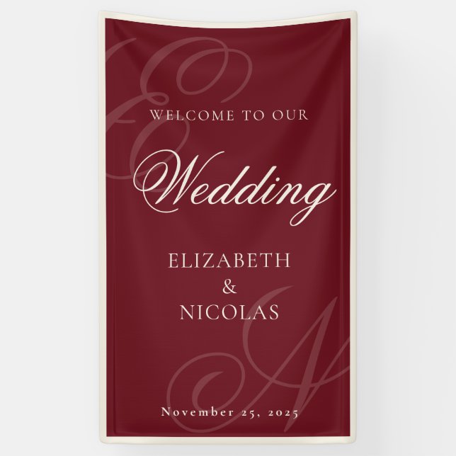 Deep Burgundy Monogram Calligraphy Wedding Welcome Banner (Vertikal)